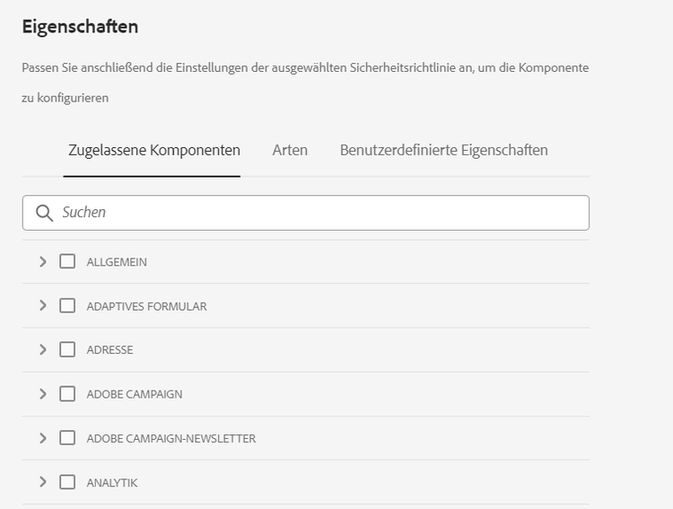 Registerkarte „Zugelassene Komponenten“