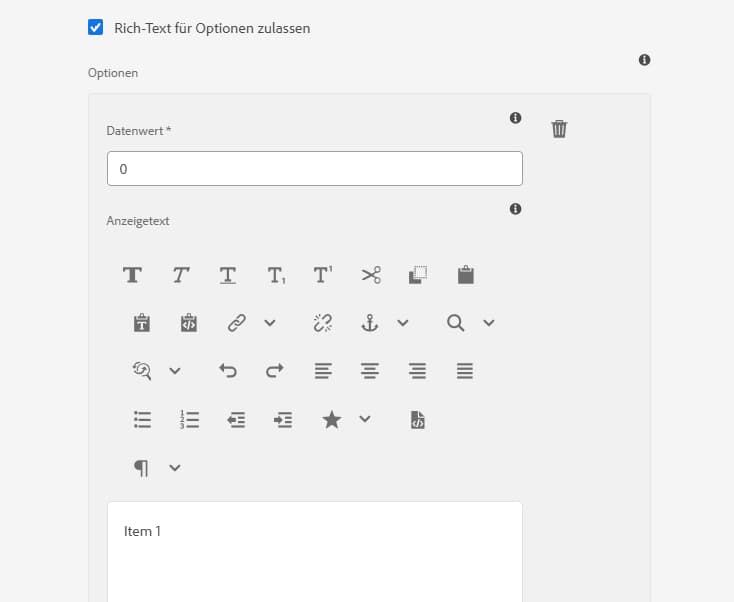 Rich-Text-Unterstützung für Optionen