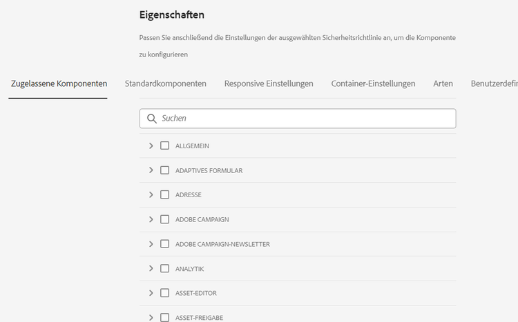 Registerkarte „Zugelassene Komponenten“ des Dialogfelds „Design“