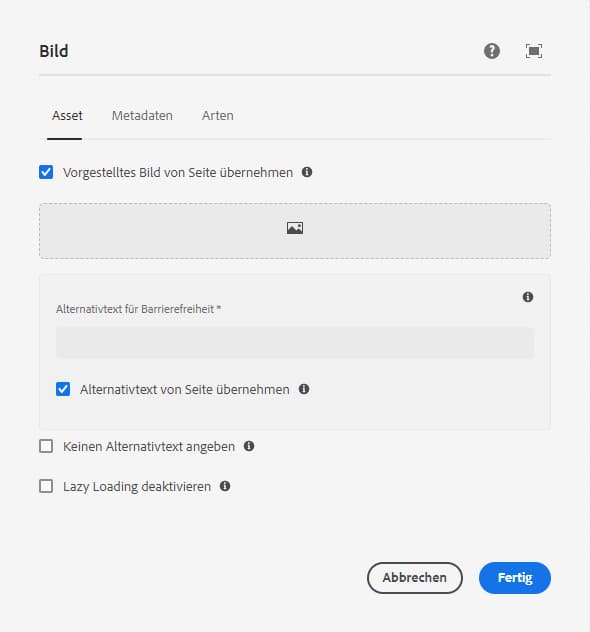 Registerkarte „Asset“ im Dialog „Konfigurieren“ der E-Mail-Bildkomponente