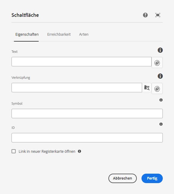 Registerkarte „Eigenschaften“ im Dialogfeld „Design“ der Schaltflächenkomponente