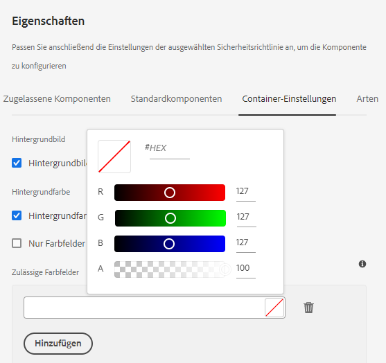 Registerkarte „Container-Einstellungen“ im Dialogfeld „Design“ der E-Mail-Container-Komponente