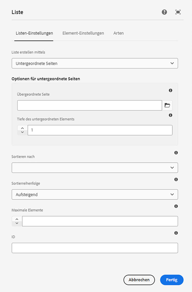 Dialogfeld „Bearbeiten“ der Listenkomponente