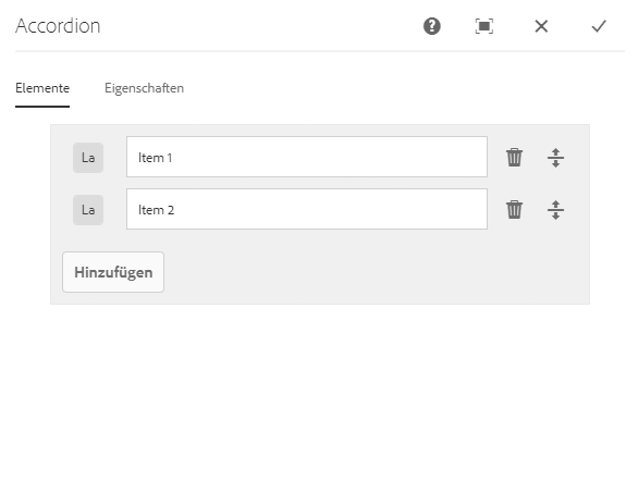 Registerkarte „Elemente“ im Dialogfeld „Bearbeiten“ der Akkordeon-Komponente
