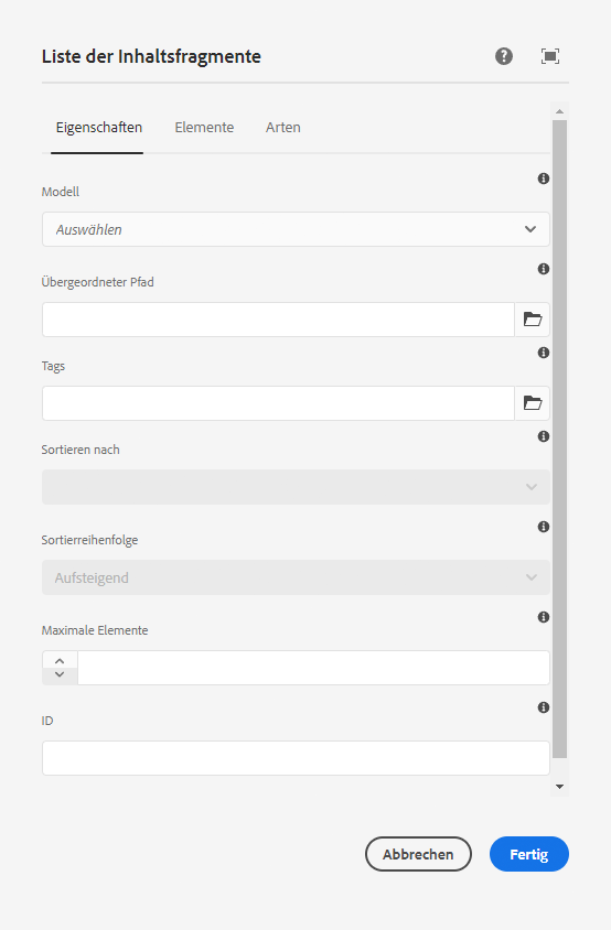 Registerkarte „Eigenschaften“ im Dialogfeld „Bearbeiten“ der Inhaltsfragmentlisten-Komponente