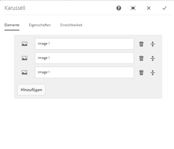 Registerkarte „Elemente“ im Dialogfeld „Bearbeiten“ der Karussellkomponente