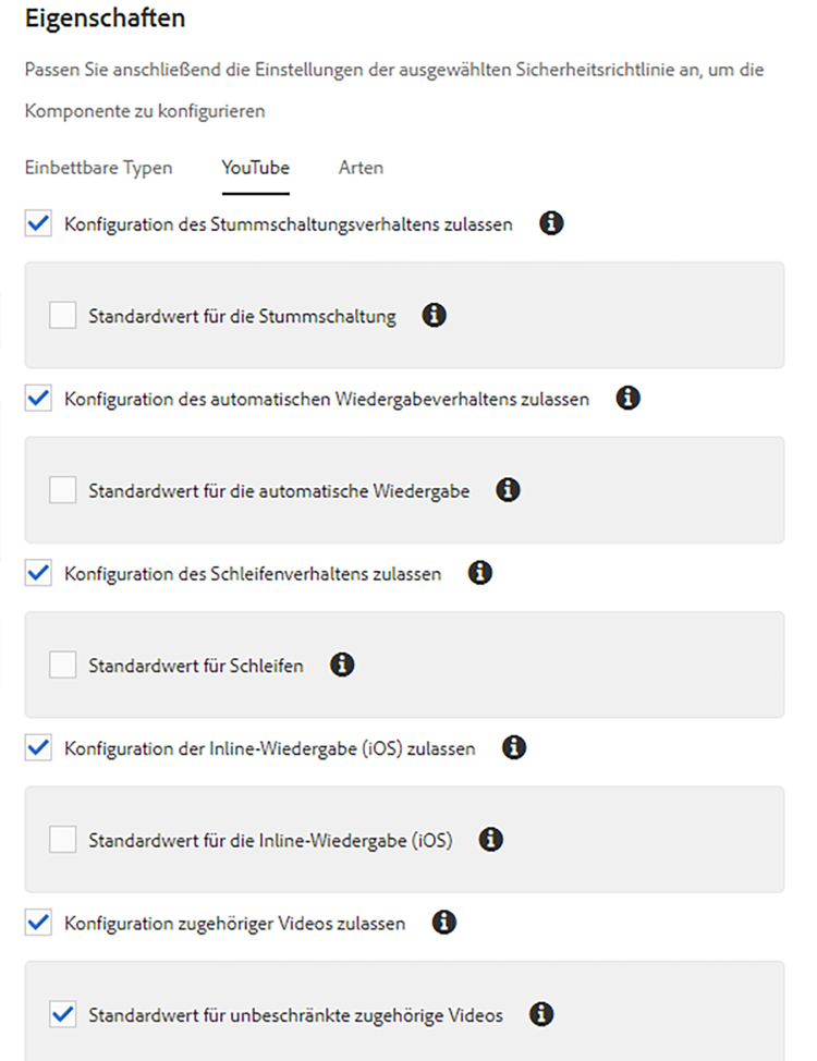 Registerkarte „YouTube“ im Dialogfeld „Design“ der Einbettungskomponente