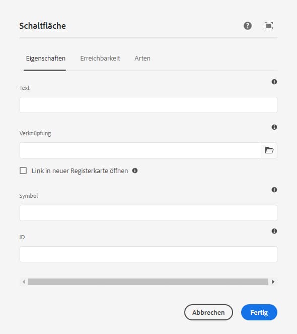 Registerkarte „Eigenschaften“ im Dialogfeld „Design“ der Schaltflächenkomponente