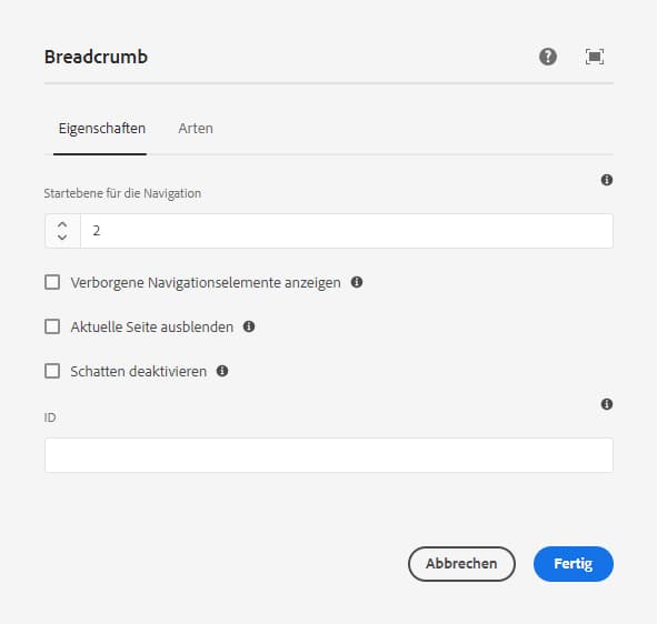 Dialogfeld „Bearbeiten“ der Breadcrumb-Komponente