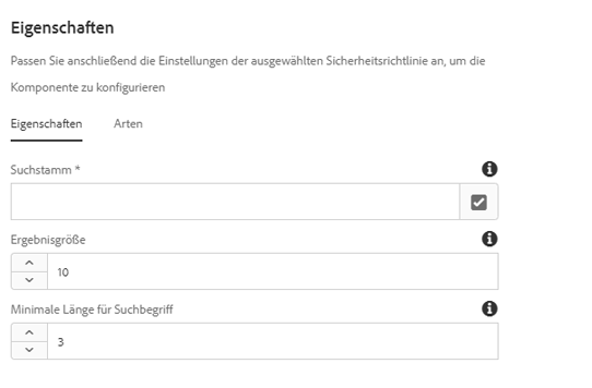 Design-Dialog der Schnellsuch-Komponente
