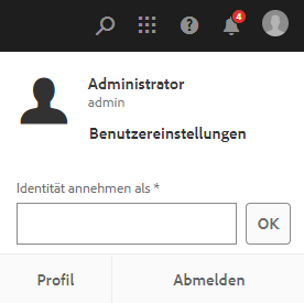 Experience Manager-Oberfläche mit Benutzereinstellungen