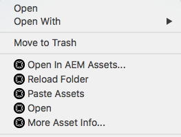 Kontextmenüoptionen zum Zugreifen auf und Öffnen von Assets mithilfe des Experience Manager-Desktop-Programms