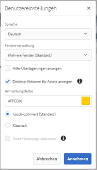 Aktivieren der Option „Desktop-Aktionen für Assets anzeigen“, um Desktop-Aktionen zu ermöglichen