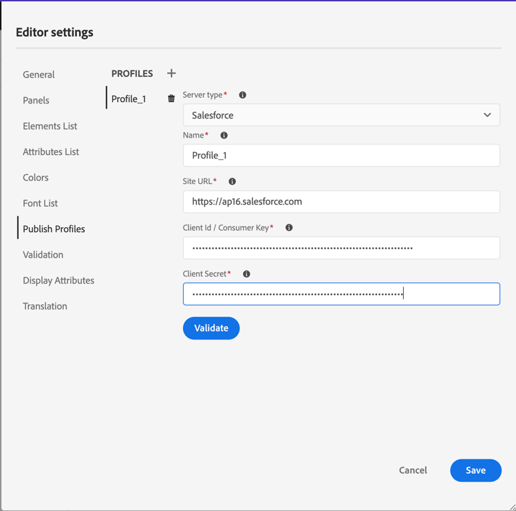 Salesforce-Veröffentlichungsprofil in Editor-Einstellungen