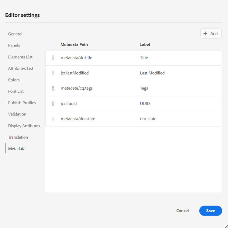 Registerkarte „Metadaten“ in den Editor-Einstellungen
