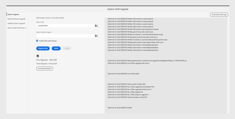 Registerkarte „System-Upgrade“ bei der Migration