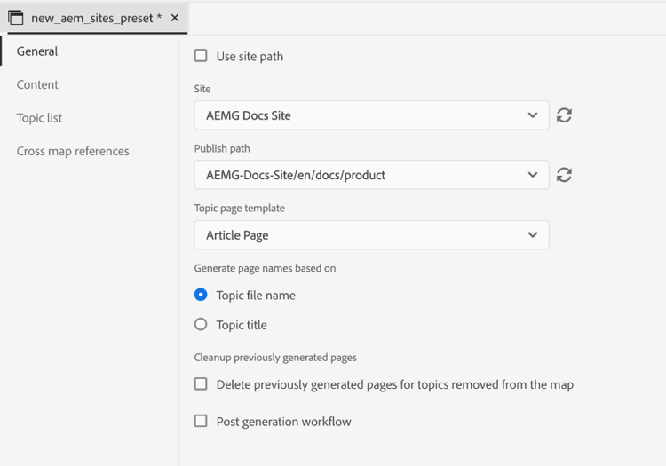 Verwenden Sie das Dropdown-Menü der Site, um die AEM-Site zu konfigurieren
