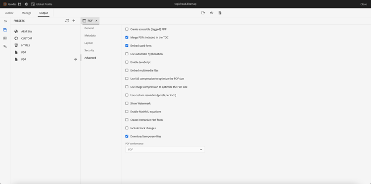 das Dialogfeld mit den erweiterten Einstellungen im nativen PDF-Format