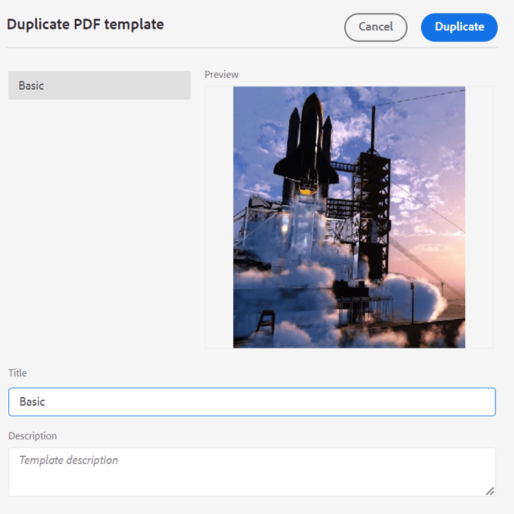 Dialogfeld "PDF-Vorlage duplizieren"