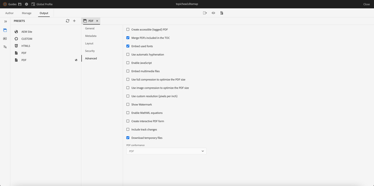 das Dialogfeld mit den erweiterten Einstellungen des nativen PDF-Dokuments