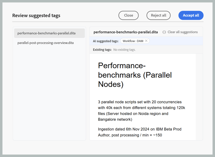 Handbuch zum Vorschaudialogfeld für KI-Bulk-Tagging