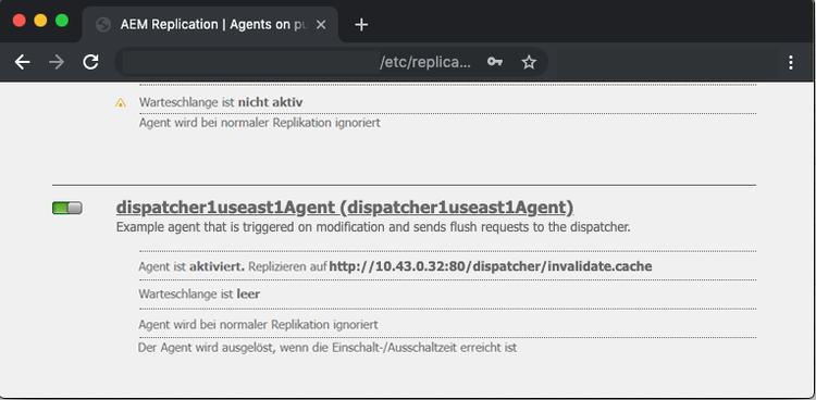 Screenshot des standardmäßigen Replikationsagenten für das Leeren der AEM-Web-Seite /etc/replication.html
