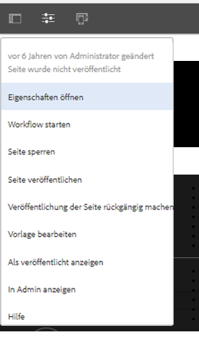 Dropdown-Dialogmenü für AEM Authoring-Benutzeroberfläche auf dem Bildschirm des Site-Editors