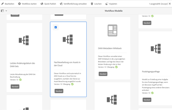 Auswählen des Workflow-Modells „Assets Cloud-Nachbearbeitung“