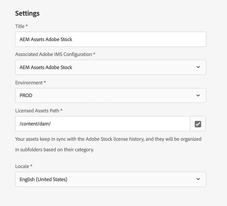 Adobe Assets Stock-Konfiguration