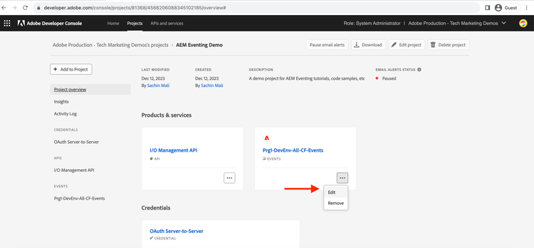 Adobe Developer Console-Projekt: Bearbeiten