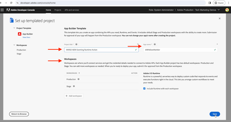 Erstellen eines Projekts in Adobe Developer Console