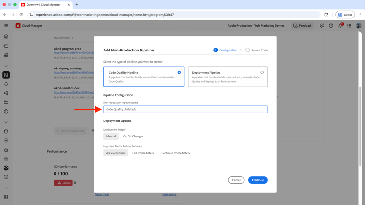 Hinzufügen einer produktionsfremden Pipeline-Konfiguration