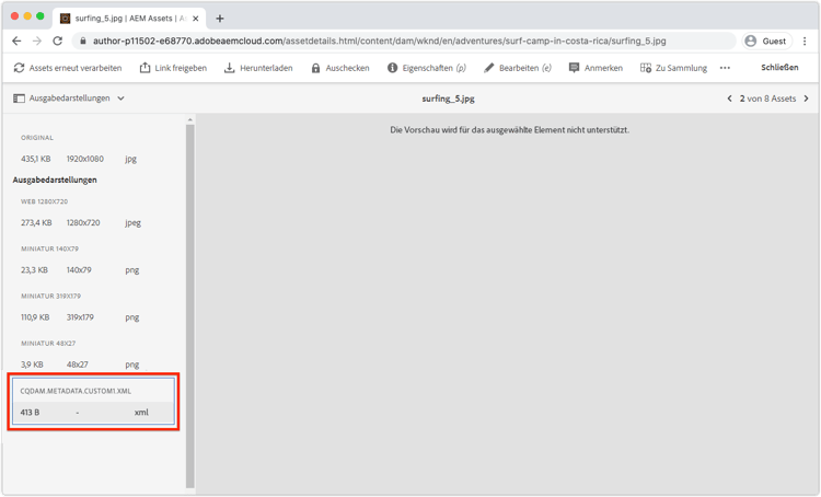 AEM Assets-Metadaten-Ausgabedarstellungsdatei
