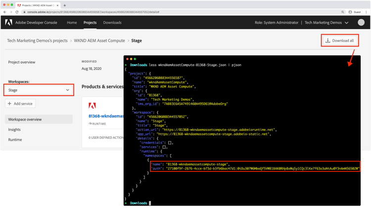 Adobe Developer Console – AIO Runtime-Namespace und -Authentifizierung