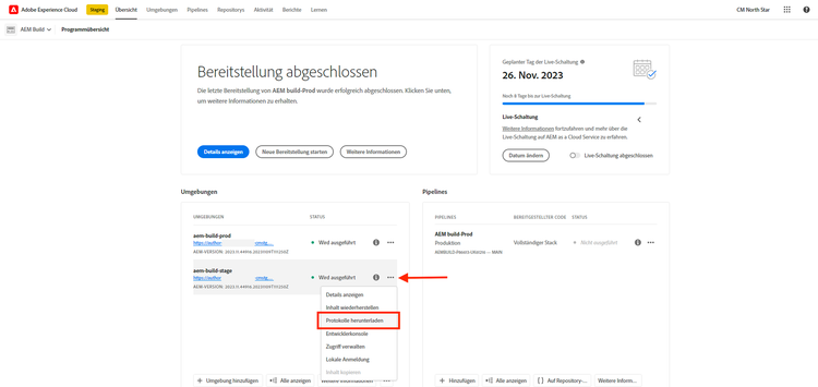 Protokolle herunterladen – Cloud Manager