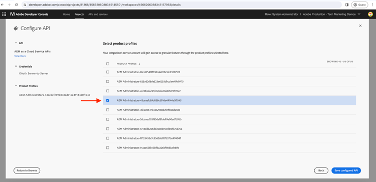 Adobe Developer Console – Produktprofil