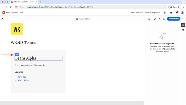 Universeller Editor – Bearbeiten von Titel und Beschreibung in WKND Teams