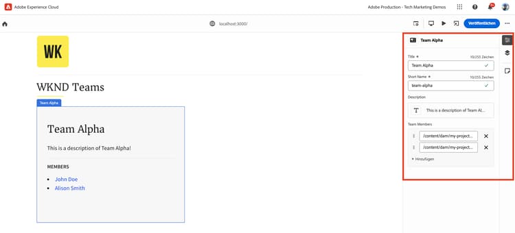 Universeller Editor – Bearbeiten von Teams in WKND Teams