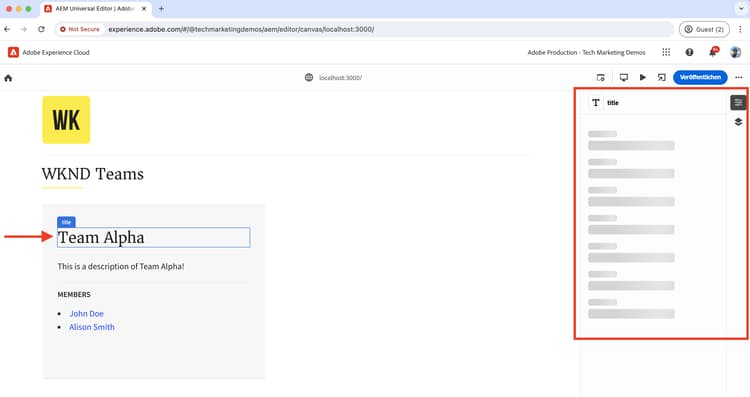 Universeller Editor – Laden des Titels und der Beschreibung in WKND Teams