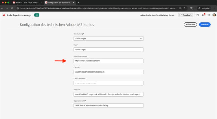 Adobe IMS-Konfigurationsdetails