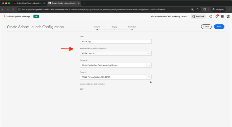 Details der Adobe Launch-Konfiguration