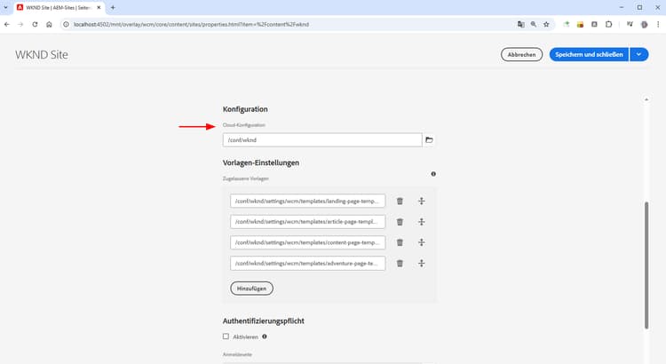 Erweiterte Eigenschaften der AEM-Site