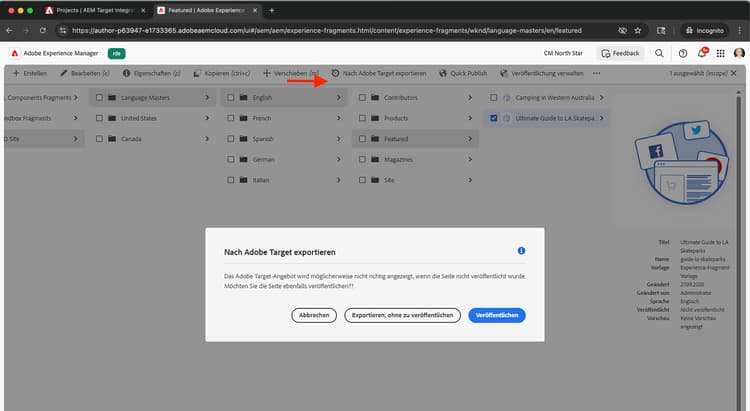 Exportieren von Experience Fragments nach Adobe Target