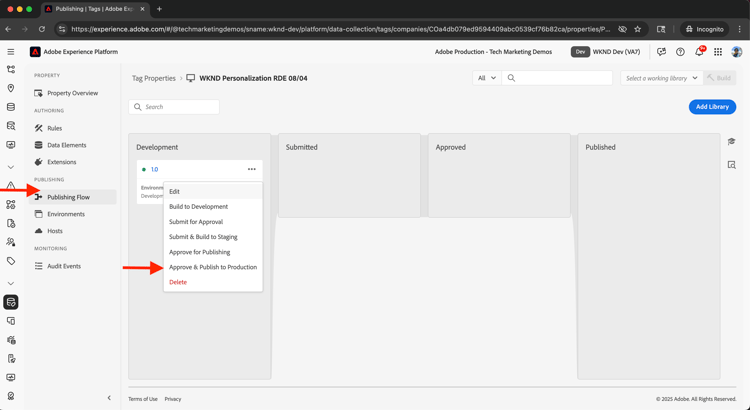 Genehmigen und Veröffentlichen der Adobe Tags-Eigenschaft