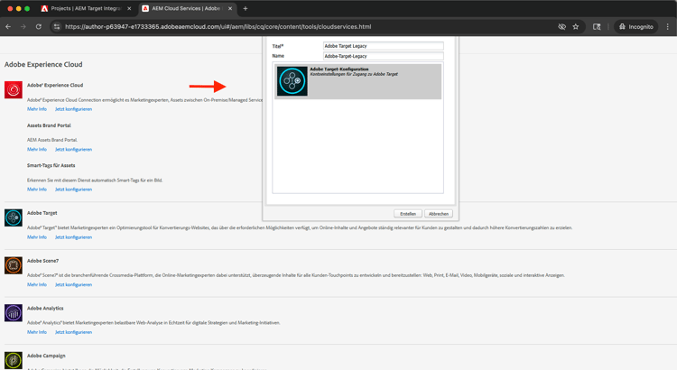 Erstellen einer Adobe Target Legacy-Konfiguration