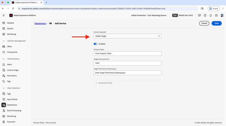 Konfigurieren des Adobe Target-Services