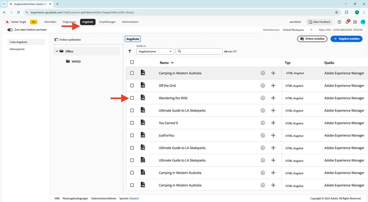 Angebote in Adobe Target