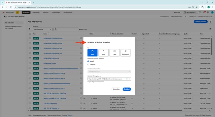 Erstellen der A/B-Test-Aktivität