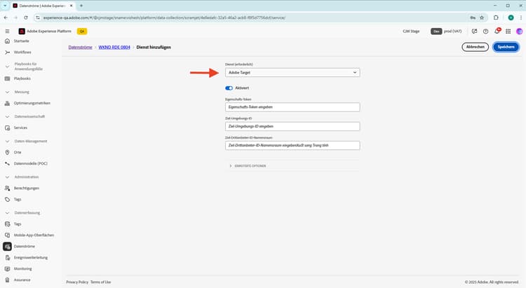 Konfigurieren des Adobe Target-Services