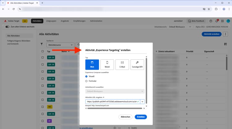 Experience Targeting-Aktivität erstellen